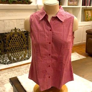 Red/white gingham sleeveless, collared shirt; St. John’s Bay brand;